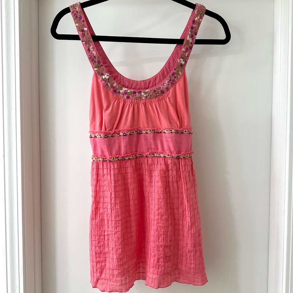 Free People Pink Embroidered Floral Tie Back Tank Top, Size 10